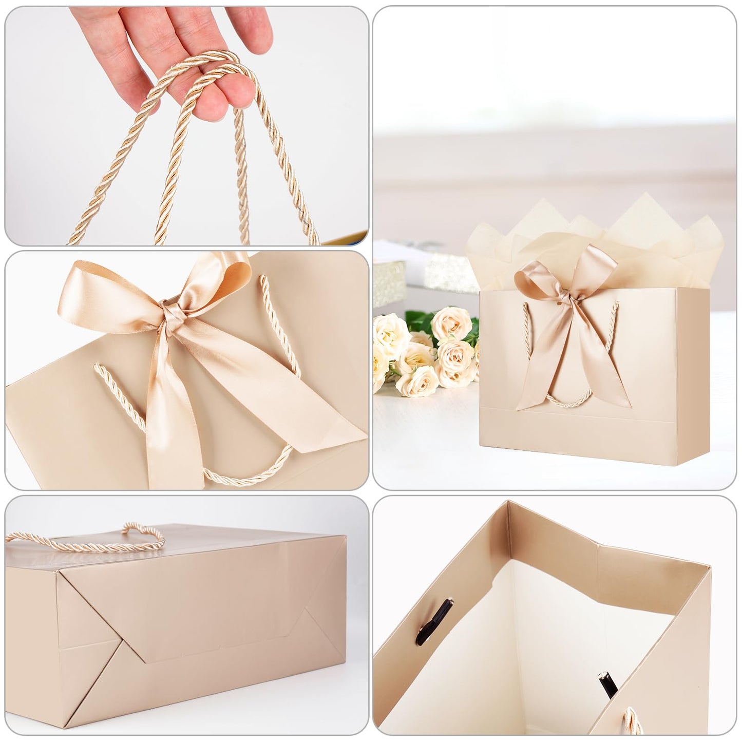 Gfractolux Large Gift Bags for Present, 1 Pcs Gift Bags for Women Men with Tissue Paper and Cards, Gift Bags for Birthdays, Baby Shower, Wedding, Anniversary 14.2" x 9.8" x 4.7" (Champagne)
