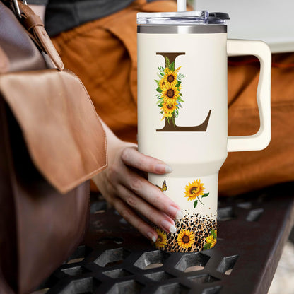 Personalized Birthday Gifts For Women - Sunflowers Monogrammed Cup For Boss Day, Christmas - Customized Gifts For Women, Mom, Wife, Coworkers, Boss Lady, Her - Custom Tumbler With Handle 40oz