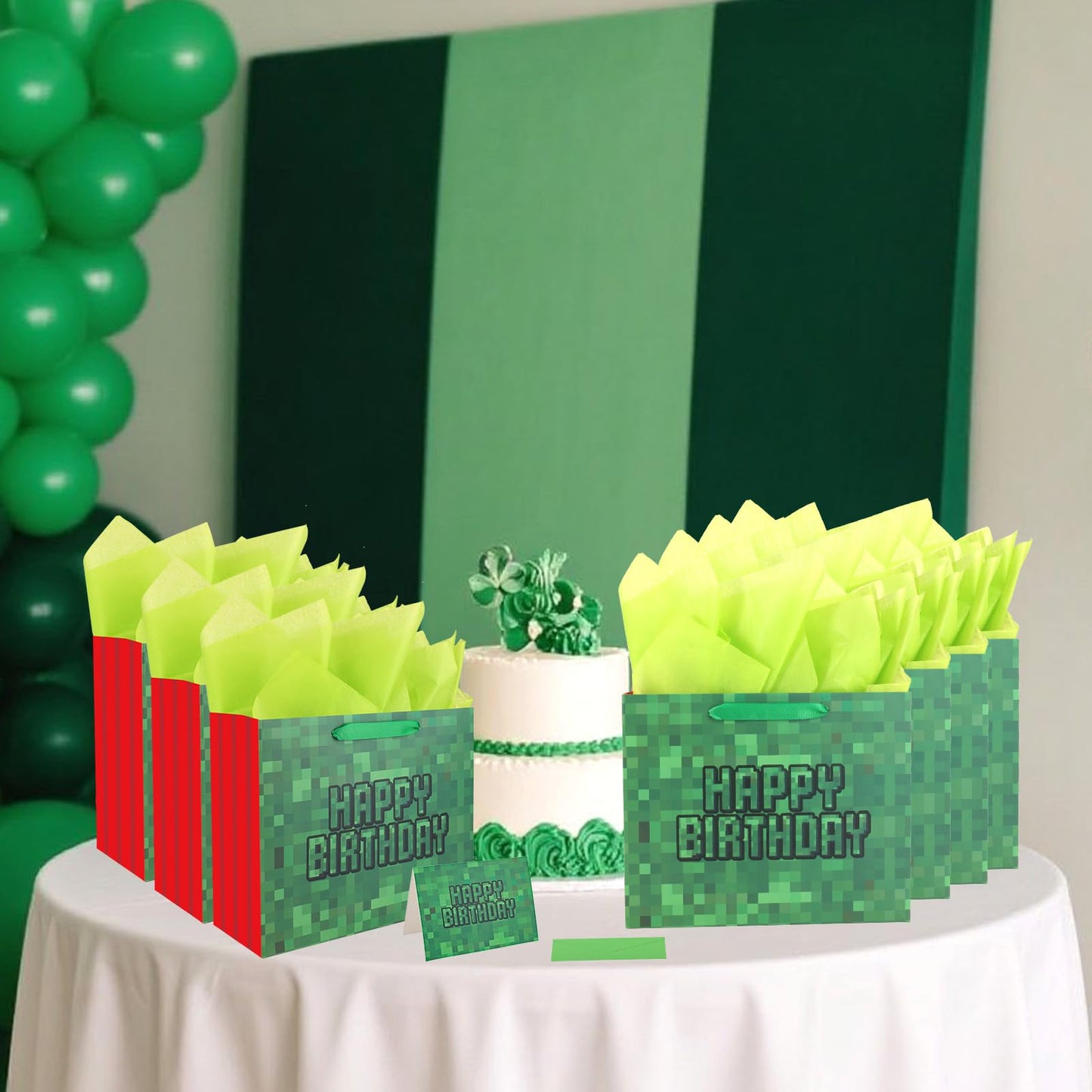 Happy Birthday Goodie Bags, Pixel Theme Gift Bags with Tissue Paper Greeting Card Envelope Party Supplies for Birthday