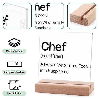 Chef Gifts for Women Men Clear Desk Decorative Sign Funny Gifts for Chef Home Dining Room Restaurant Kitchen Decor Sign Acrylic Plaque with Wooden Stand Housewarming Gift for Friend Coworkers