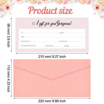 Junkin 60 Pcs Blank Gift Certificate Card and Paper Vouchers and Pink Envelopes Gift Voucher Blank Gifts Cards for Thanksgiving Businesses Wedding Baby Shower, 8.66 x 4.33 Inches