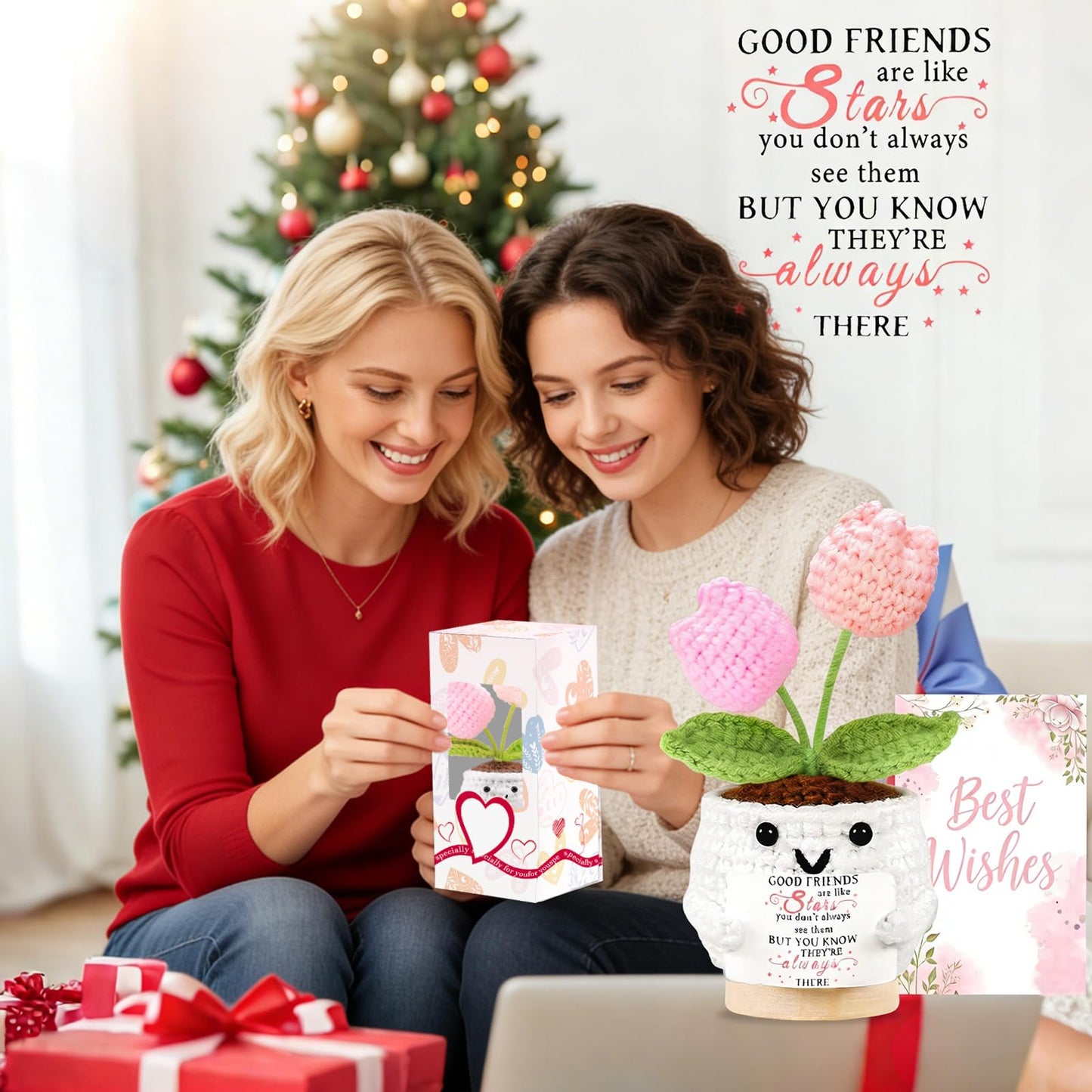 Friendship Gifts for Women Tulips Crochet Flowers Emotional Support Crochet Funny Small Christmas Birthday Gift for Women Personalized Best Friend Coworker Cute Unique Gifts Desk Accessories Decor