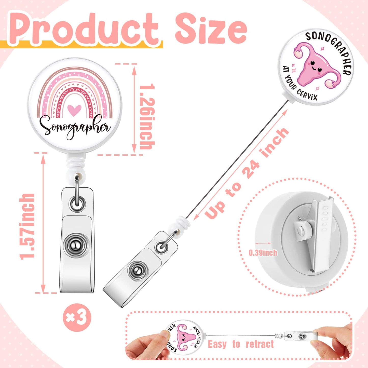 XunYee 3 Pcs Nurse Week Employee Appreciation Gifts Ultrasound Tech Badge Reel Retractable Rainbow Uterus Sonographer Badge Holder ID Name Card Medical Reel for Nurse Rn Office Worker Employee