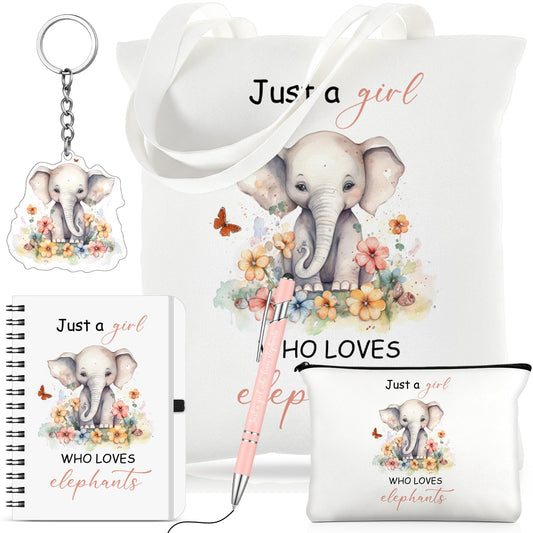 Kinlop 5 Pcs Elephant Pattern Gifts for Women Include Just a Girl Who Loves Elephants Tote Bag Canvas Cosmetic Bag Coil Notebook Keychain and Ballpoint Pen for Women Girls