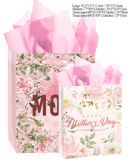 qiqee Pink Assorted Mother's Day Paper Bags with Tissue Paper 6PCS Cardboard Gift Bags for Women Mom Grandma Party Supply (4 PCS Medium Size+2 PCS Large Size+ Tissue Paper)
