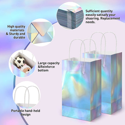 Estune 60 Pcs Iridescent Gift Bag Bulk Thickened Holographic Party Favor Bag with Handle 8.3 x 5 x 3.2in Glossy Paper Candy Goodie Flower Handbag Kpop Disco Wedding Birthday Graduation Party Supply