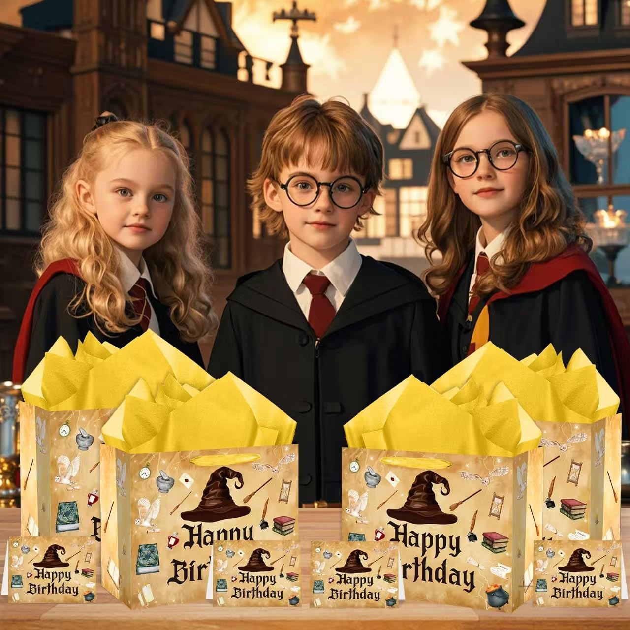 aqwithaj Large Wizard Birthday Gift Bag with Tissue Paper and Card Magical Hat Birthday Party Favor Bags Wizard School Gift Wrapping Paper Bag for Girls Boys Bday Halloween Party Decorations Supplies