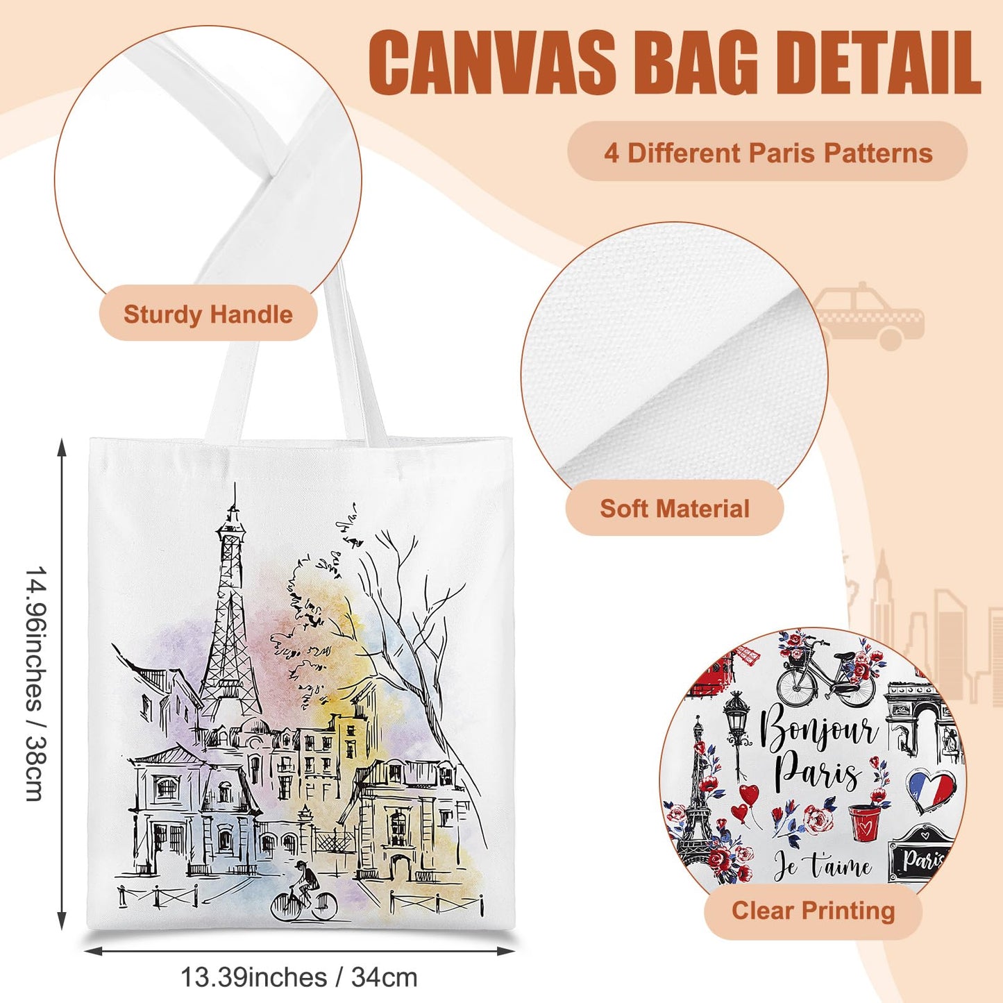 Paterr 4 Pcs City Souvenir Tote Bag-New York Chicago Seattle Los Angeles Boston San Francisco Paris Italy Las Vegas Nashville