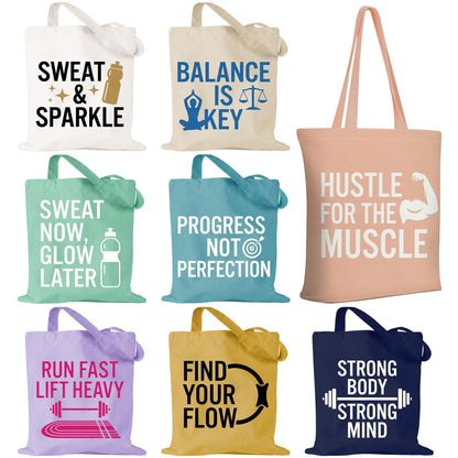 Sanwuta 8 Pcs Fitness Canvas Tote Bags for Women Workout Funny Reusable Shopping Bag with Zipper Inner Pocket Sports Lover Gym Gifts for Pilates Yoga Body Builder Bodybuilding Lovers Everyday Carry