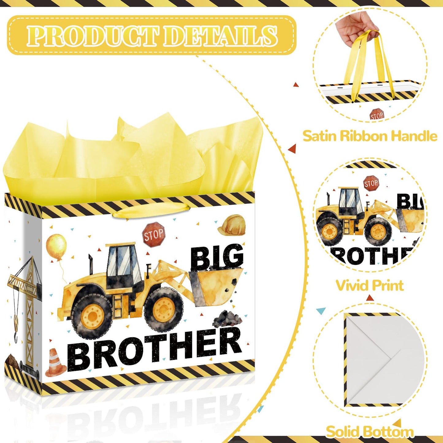 Big Brother Gift Bag for Boys Big Bro Birthday Gift Bag with Wrapping Paper Card Sticker Envelope Construction Gifts for Little Boy Son Grandson Nephew New Baby Birthday Party Decorations Supplies