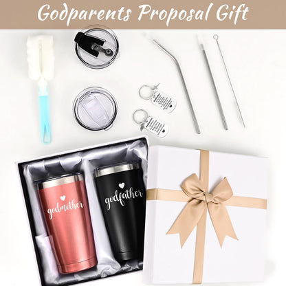 LiqCool Godparents Proposal Gift, Godmother & Godfather 20Oz Tumbler with Keychain & Gift Box Set, Baptism & Christmas(Black & Rose Gold)