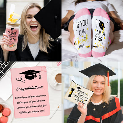 12 Pieces 2026 Graduation Gift Box Set, Class of 2026 Graduation Gift Basket with 16 Oz Glass, Socks, Bear Towel, Journal Notebook, Makeup Bag, Bracelet, Keychain for High School College Gifts