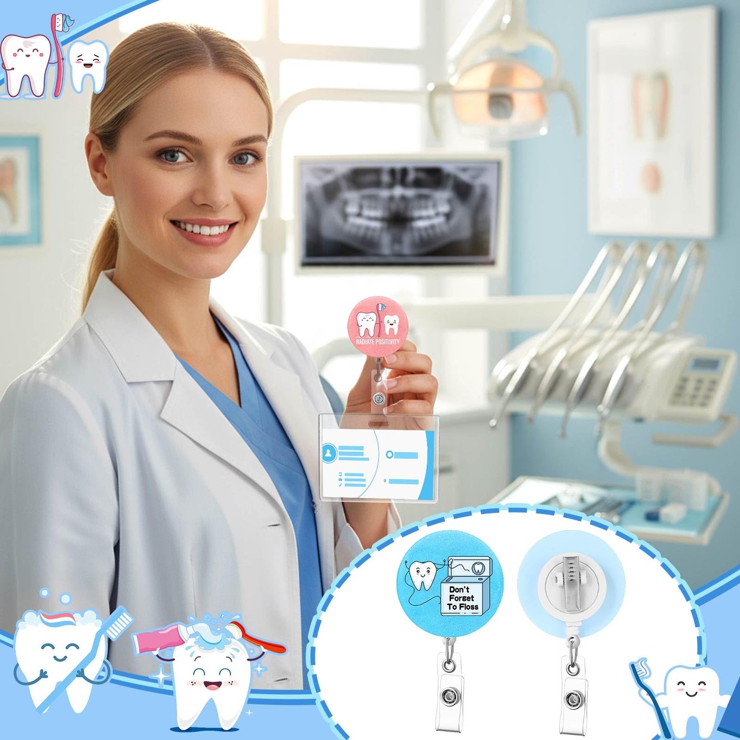 Hoteam 6 Pcs Dental Badge Reels Dental Assistant Week Gifts Teeth Retractable ID Badge Holders with Alligator Clip Healthcare Appreciation Gifts for Dentist Hygienist Doctor Nurse Graduation