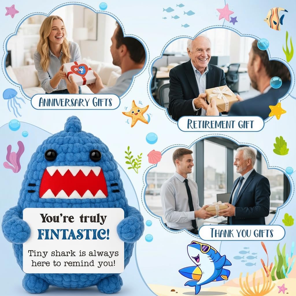Positive Crochet Animals Shark Gift White Elephant Gifts for Adults Friends Christmas Secret Santa Gifts for Coworker Women Men Get Well Gag Emotional Positive Shark Appreciation Thinking of You