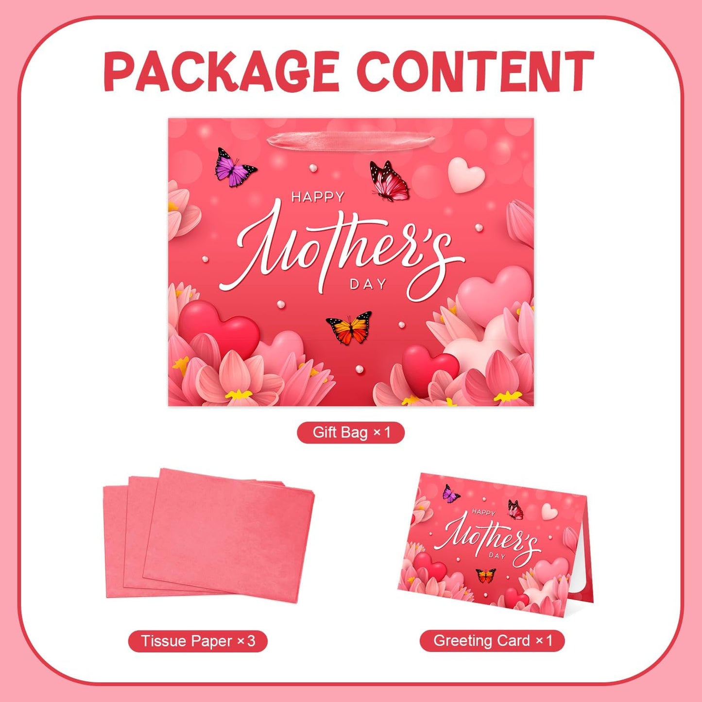 Aysimple Large Happy Mother's Day Paper Gift Bag with Wrapping Paper and Greeting Card 13" Butterfly Flowers Design Large Gift Bag Red Heart Party Bags for Happy Mothers Day Party Supplies