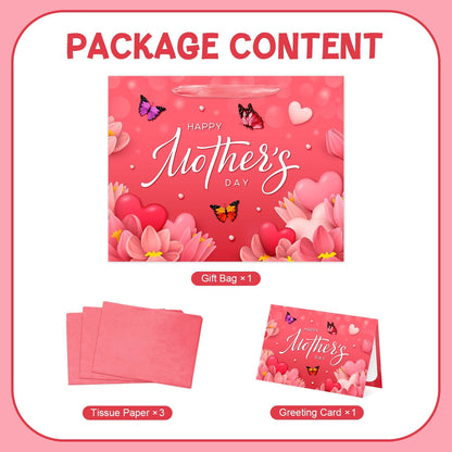 Aysimple Large Happy Mother's Day Paper Gift Bag with Wrapping Paper and Greeting Card 13" Butterfly Flowers Design Large Gift Bag Red Heart Party Bags for Happy Mothers Day Party Supplies