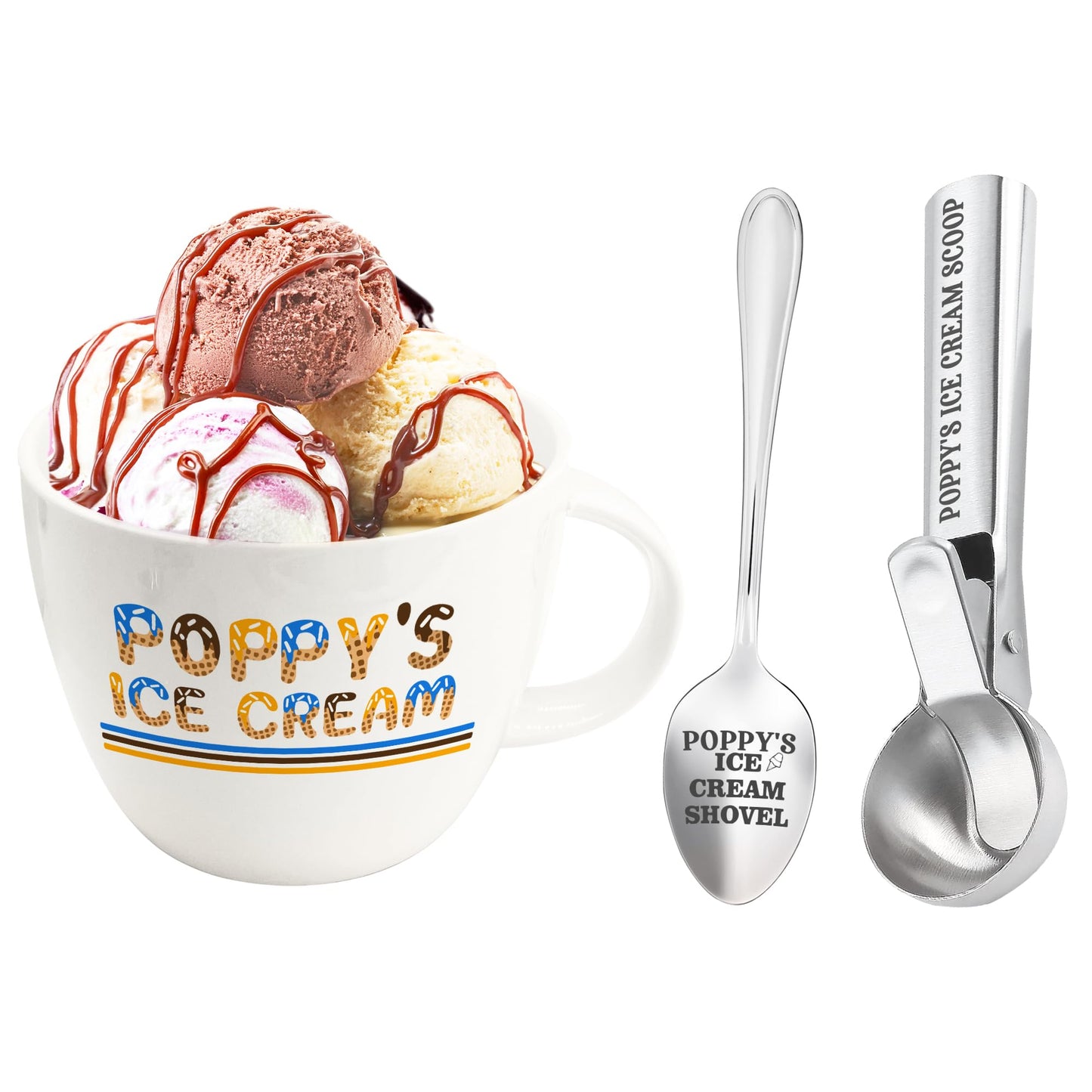 Poppy Gifts, Poppy's Gift Ice Cream Bowl Scoop Shovel Spoon Set, Grandpa Ice Cream Gift from Grandkids, Ideal Xmas Birthday Father's Day Man Gifts