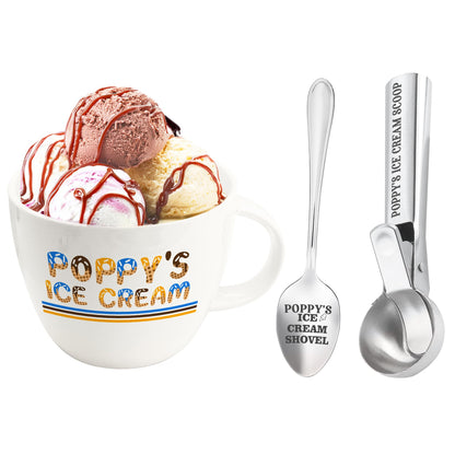 Poppy Gifts, Poppy's Gift Ice Cream Bowl Scoop Shovel Spoon Set, Grandpa Ice Cream Gift from Grandkids, Ideal Xmas Birthday Father's Day Man Gifts