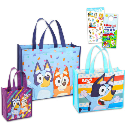 Bluey Tote Bag Set - Accessories Bundle with 3 Bluey Reusable Grocery Bags with Stickers, More | Tote Bag Set