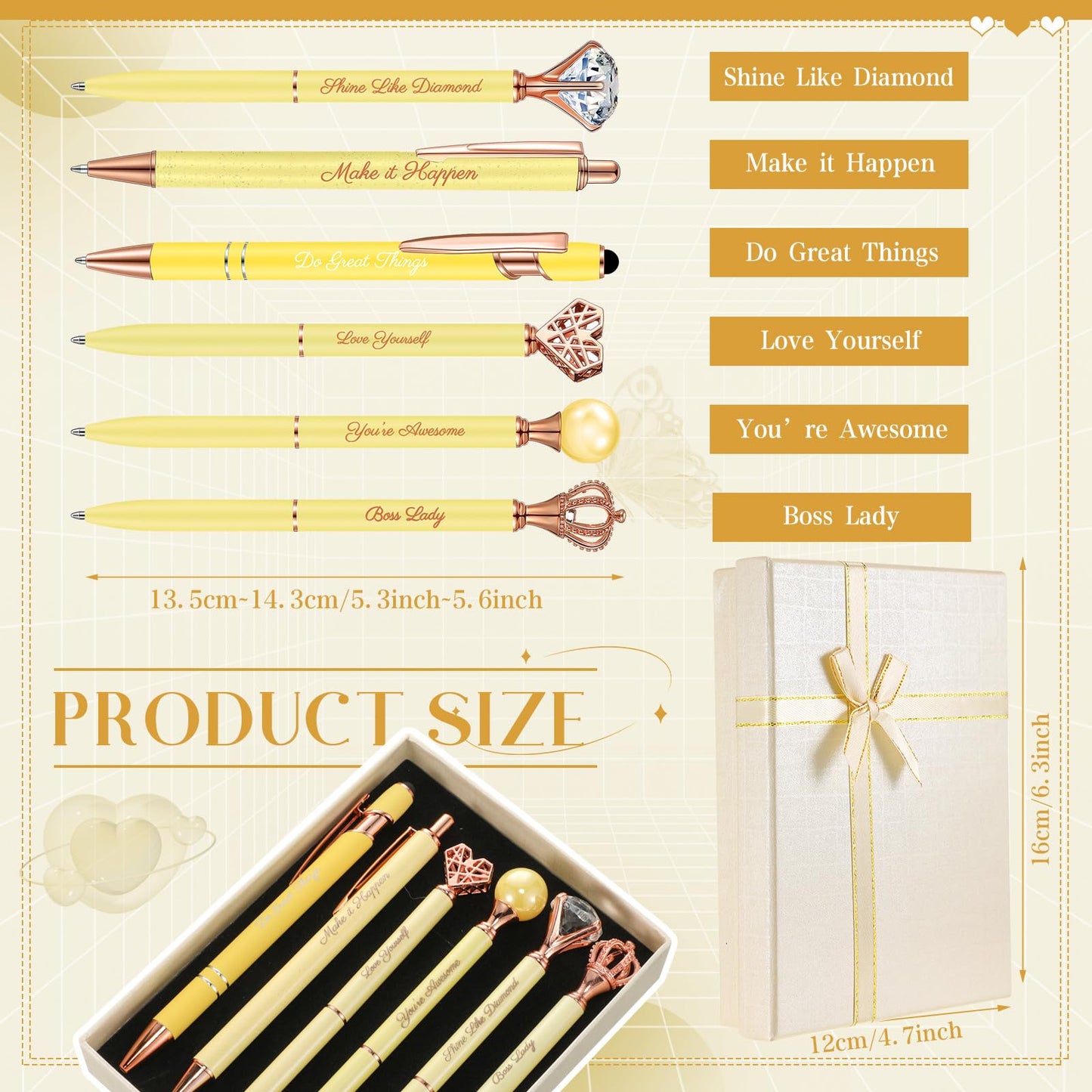 Qeeenar 6 Pcs Fancy Pens for Women Crystal Diamond Pen for Journaling Pretty Glitter Ballpoint with Box Inspirational Gifts for Women Girls College Students Cute Back to School Gifts(Yellow)