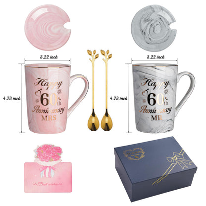 60th Wedding Anniversary GIF-ts, Diamond Wedding Anniversary GIF-ts, 2PCS Happy 60th Anniversar-y Gift Mr Mrs Gifts Diamond Anniversar-y Gifts for Couples Parents, Marble Ceramic Cups 14oz