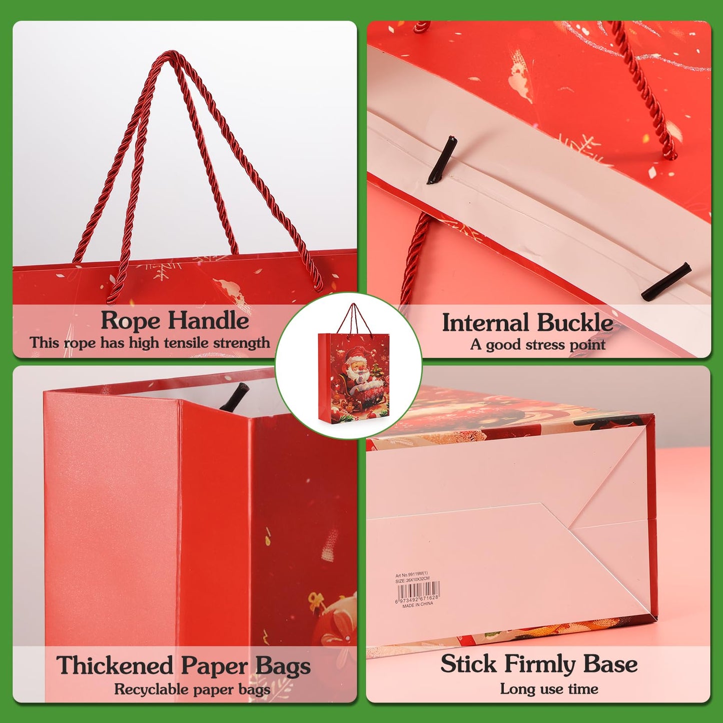 Rusikia 12 Christmas Gift Bags with 12 Tissues and 1 Satin Ribbon, Red Party Favor Bags Bulk with Handles, Glittery Cute Tree Father Christmas Paper Bag for Wrapping Holiday (Large 16"x12"x5")