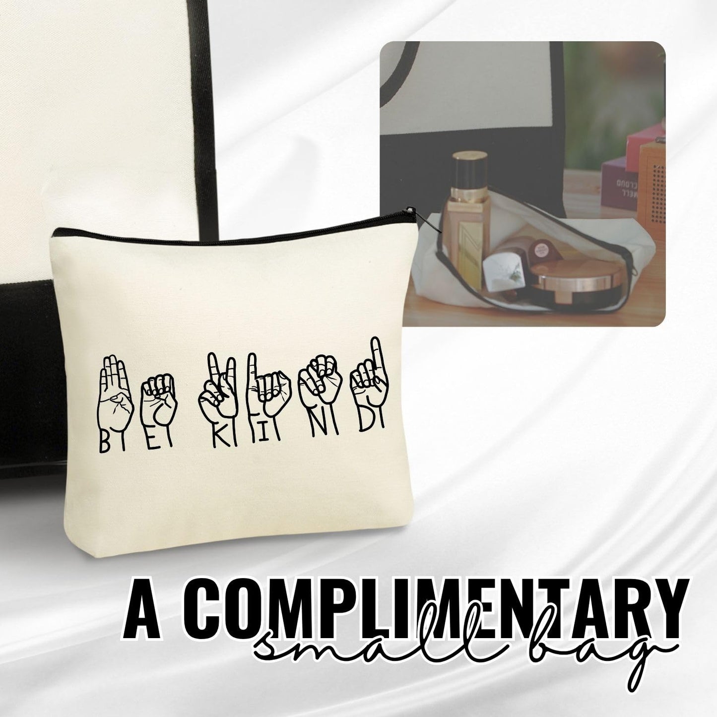 InnoBeta ASL Gifts for Women, Canvas Tote Bag with Top Zipper Closure and Shoulder Strap