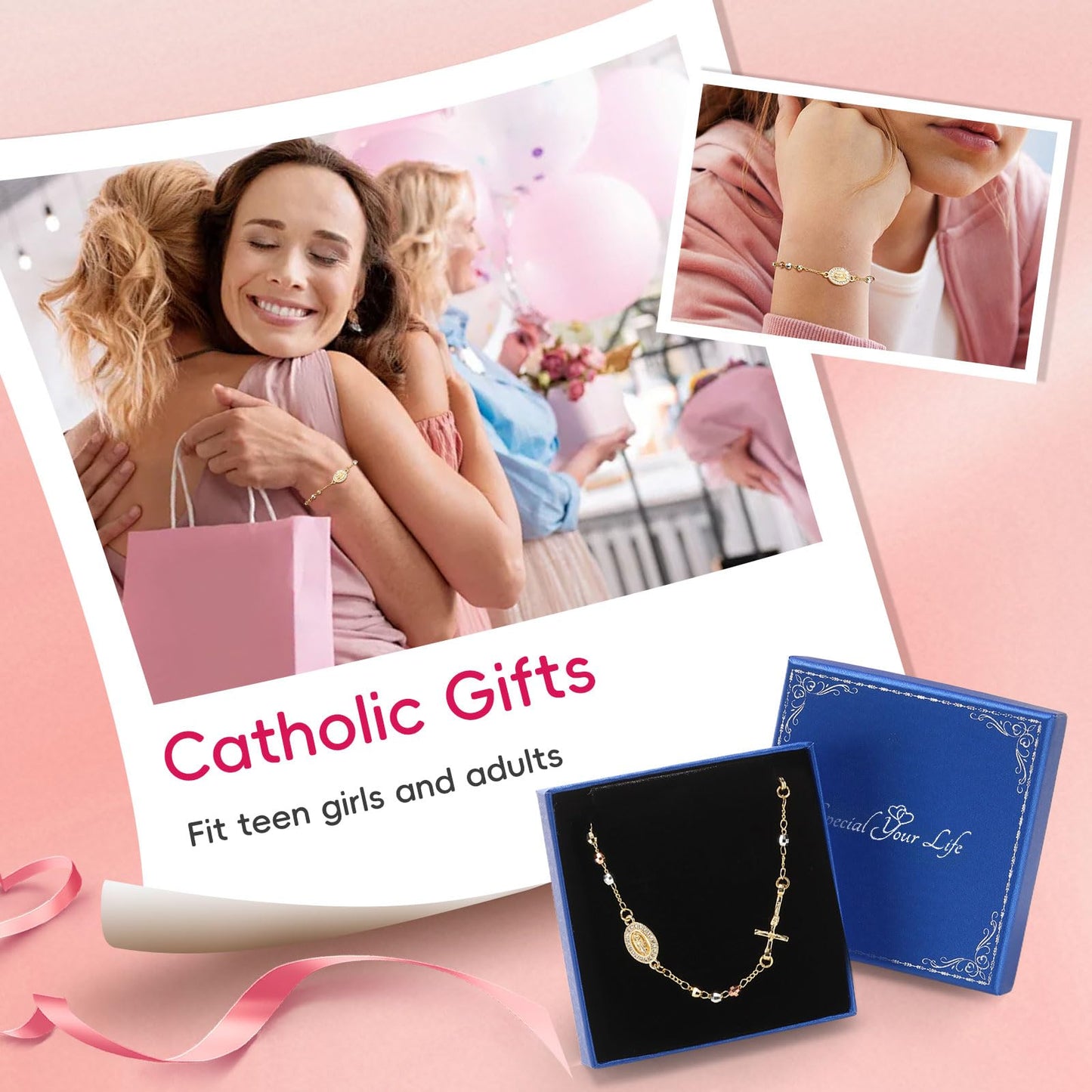 Catholic Crucifix Gifts Rosary Bracelet for Women-14K gold plated Virgin Mary Jesus Cross Charm Link Chain, Dainty Virgen de Guadalupe Religious Gift for Confirmation Baptism First Communion Easter