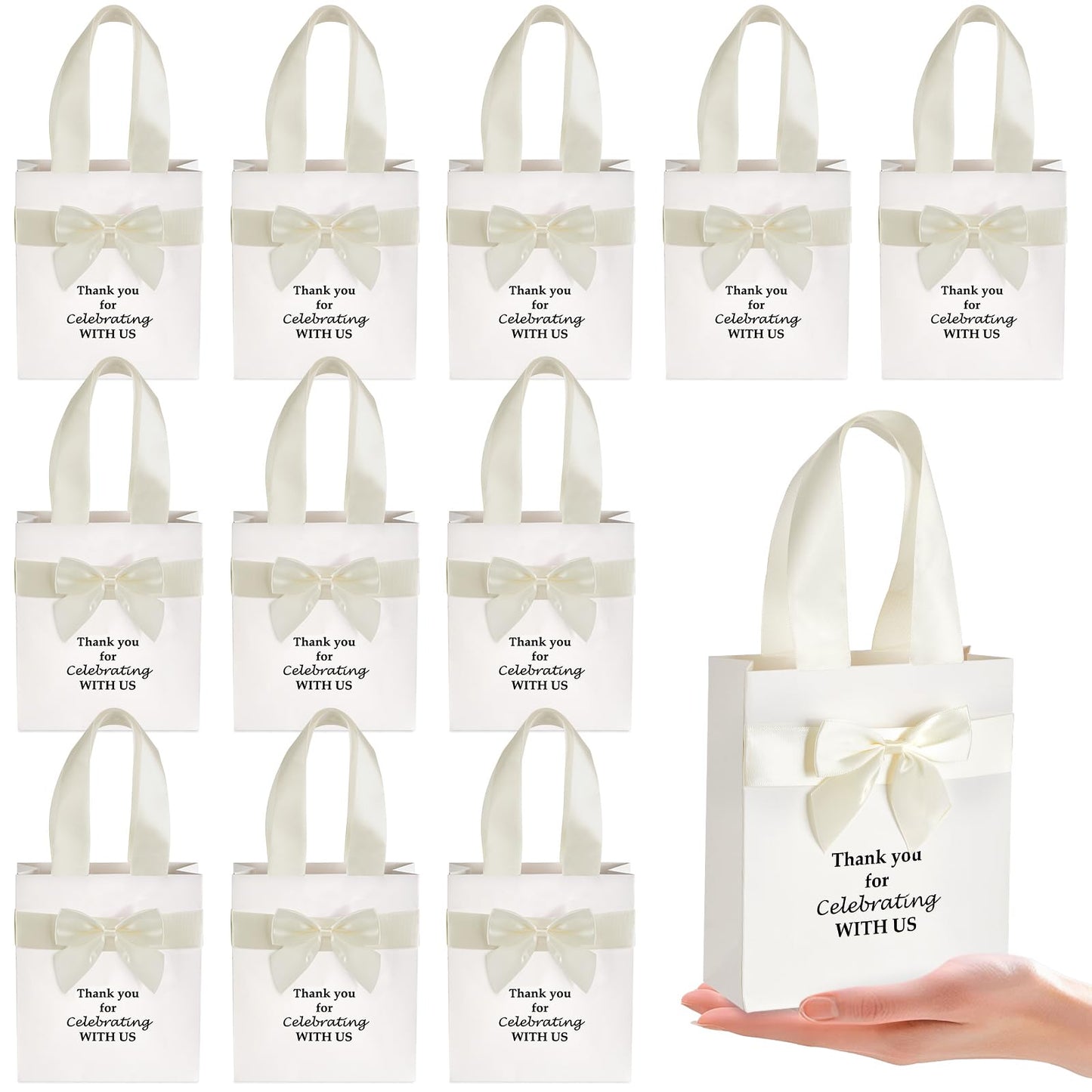 50 Pcs Wedding Gift Bags for Guests Bulk with Bow Ribbon Handles 6.2x7.2x2.5 Inch Wedding Favor Bag Thank You Gift Bags for Party Favor Bridesmaid Bags Bridal Shower Valentine Birthday Supplies(Beige)