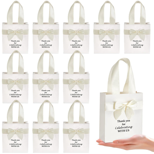 50 Pcs Wedding Gift Bags for Guests Bulk with Bow Ribbon Handles 6.2x7.2x2.5 Inch Wedding Favor Bag Thank You Gift Bags for Party Favor Bridesmaid Bags Bridal Shower Valentine Birthday Supplies(Beige)