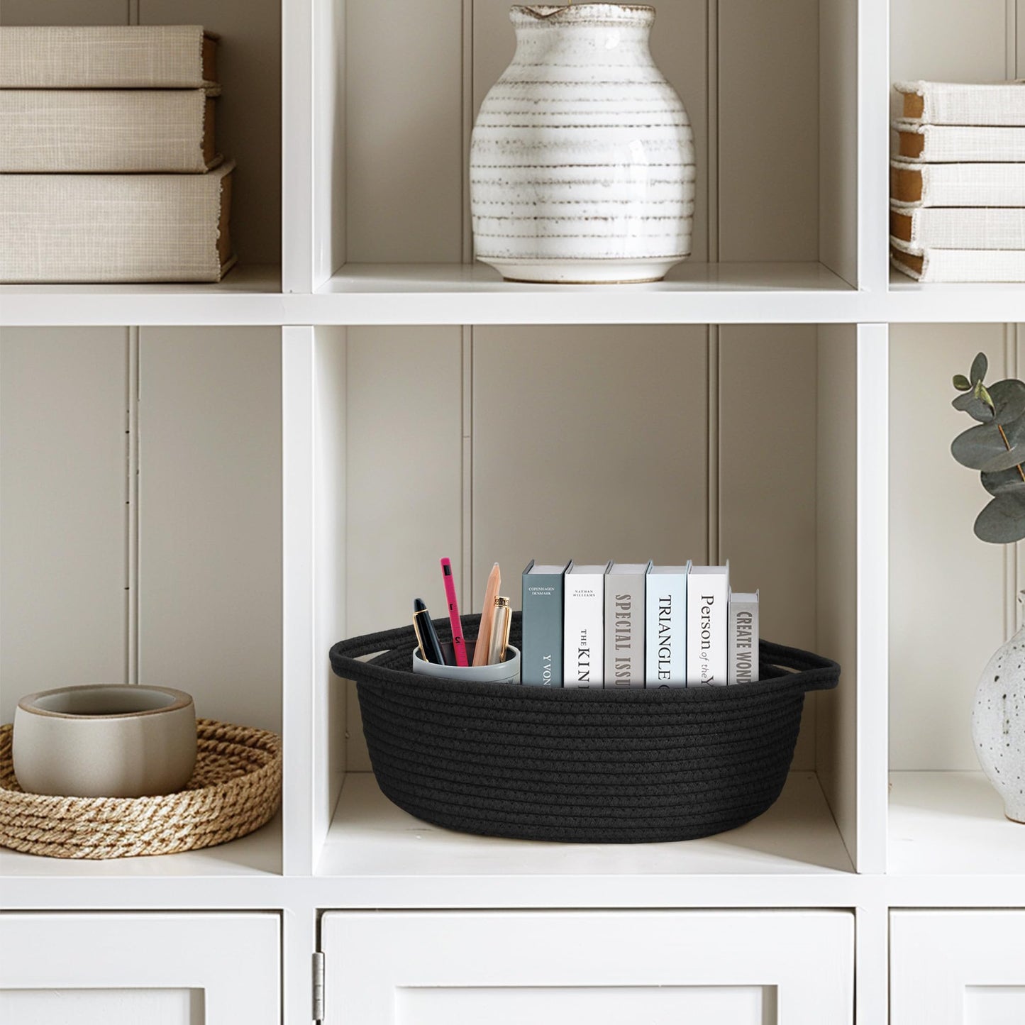 Small Baskets for Gifts Empty, 13"x 9"x 5" Woven Gift Basket with Bag and Ribbon, Cotton Rope Kids Dog Cat Toy Bin Box, Cute Baby Nursery Organizer, Decorative Storage with Handles (Black)