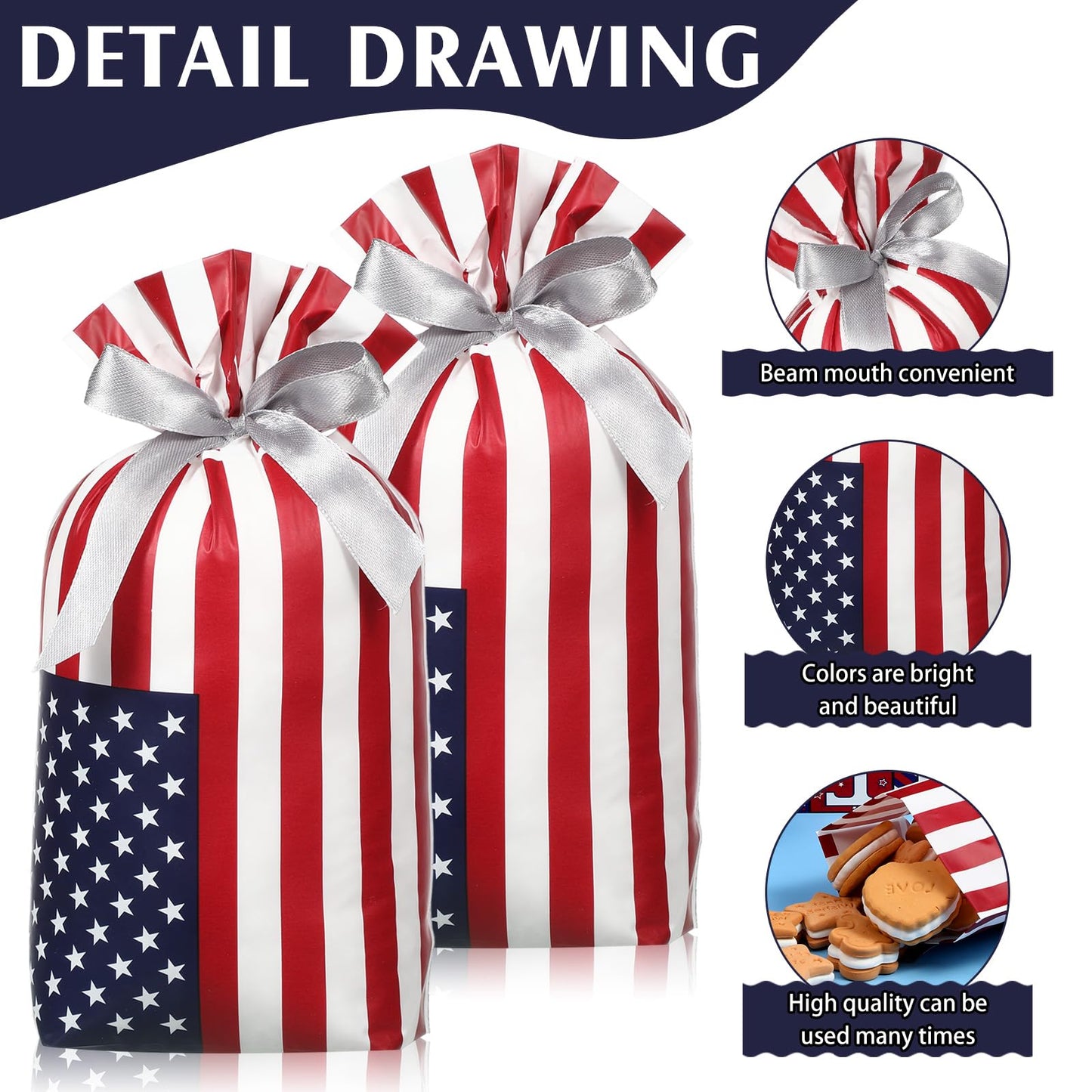 Clysee 100 Pcs Patriotic Gift Bags Bulk with Drawstring 4th of July Plastic American Flag Treat Goodie Bags USA Red Blue and White Candy Pouches Independence Day Patriotic Party Favors Supplies