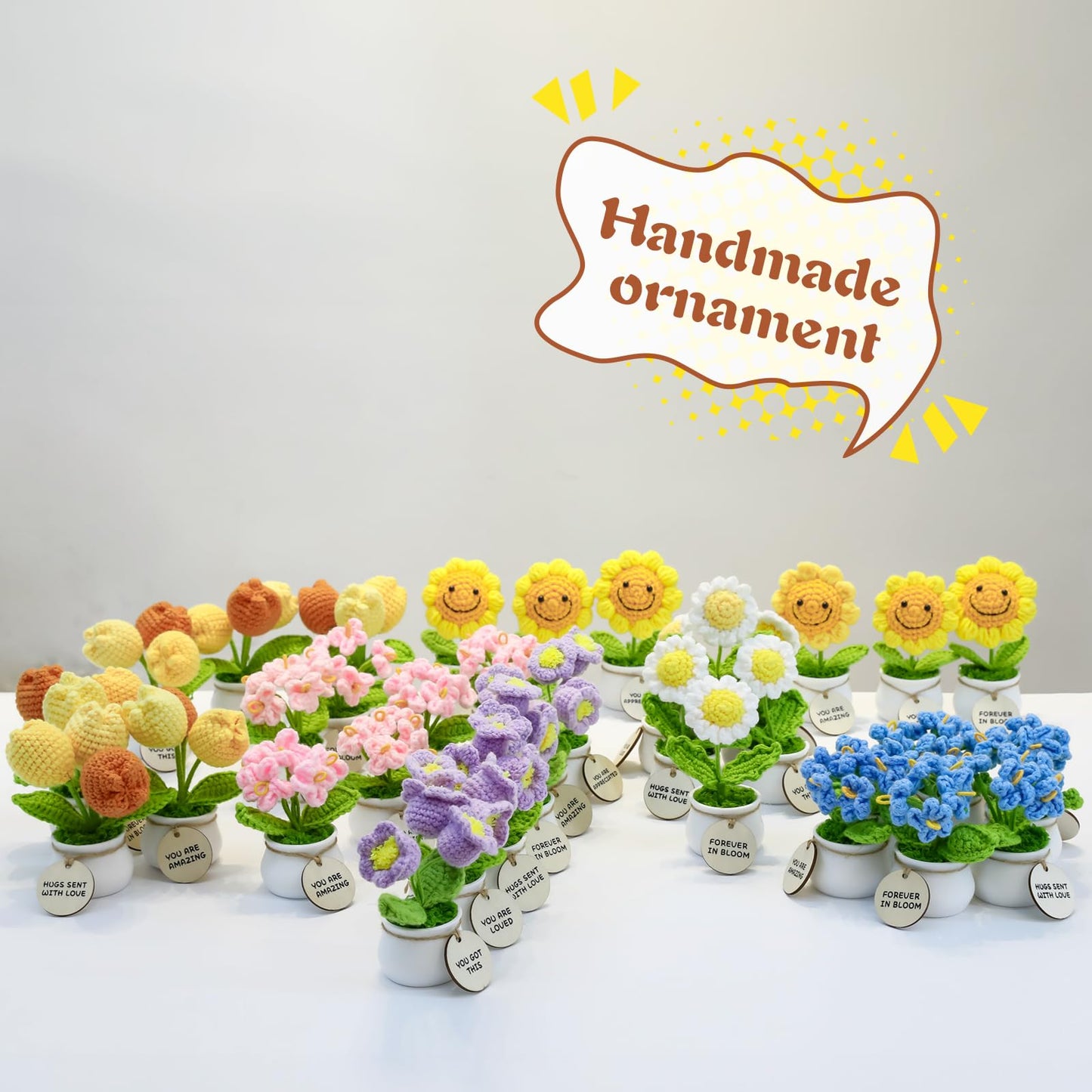 MSEHKM Encouragement Crochet Flowers with Positive Wooden Affirmations Handmade Artifical Flower Decor Ideal for Birthday/Christmas/Thank You Present (Gold Sunflower, You are Loved)