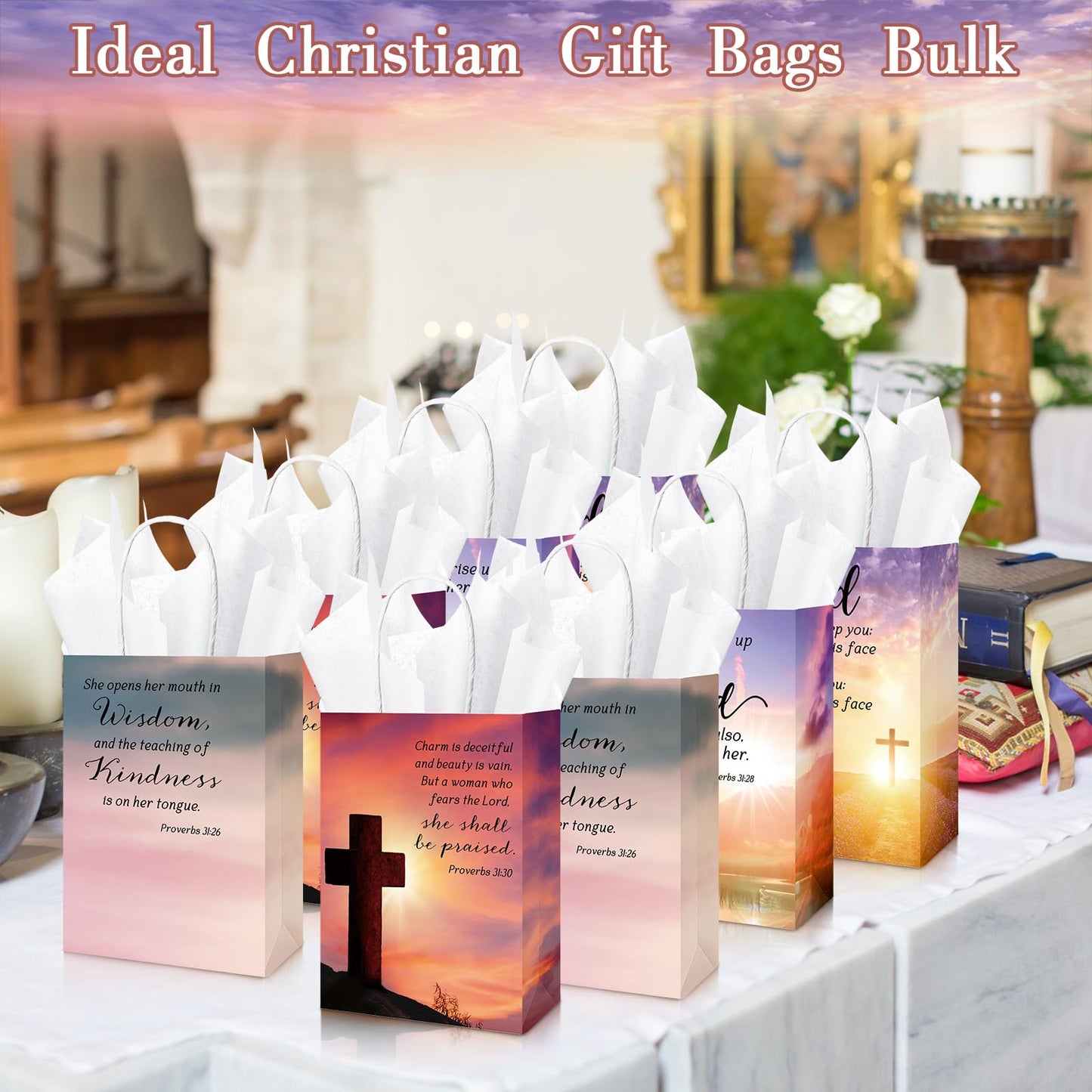 Moinchore 50 Sets Fathers Day Christian Gifts Bags Bulk with Tissue Religious Bible Verse Church Baptism Paper Gifts Bags for Men Women with Handle for Church Welcome Visitors, 4 Styles