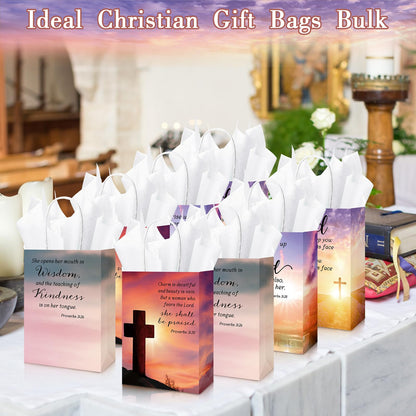 Moinchore 50 Sets Fathers Day Christian Gifts Bags Bulk with Tissue Religious Bible Verse Church Baptism Paper Gifts Bags for Men Women with Handle for Church Welcome Visitors, 4 Styles