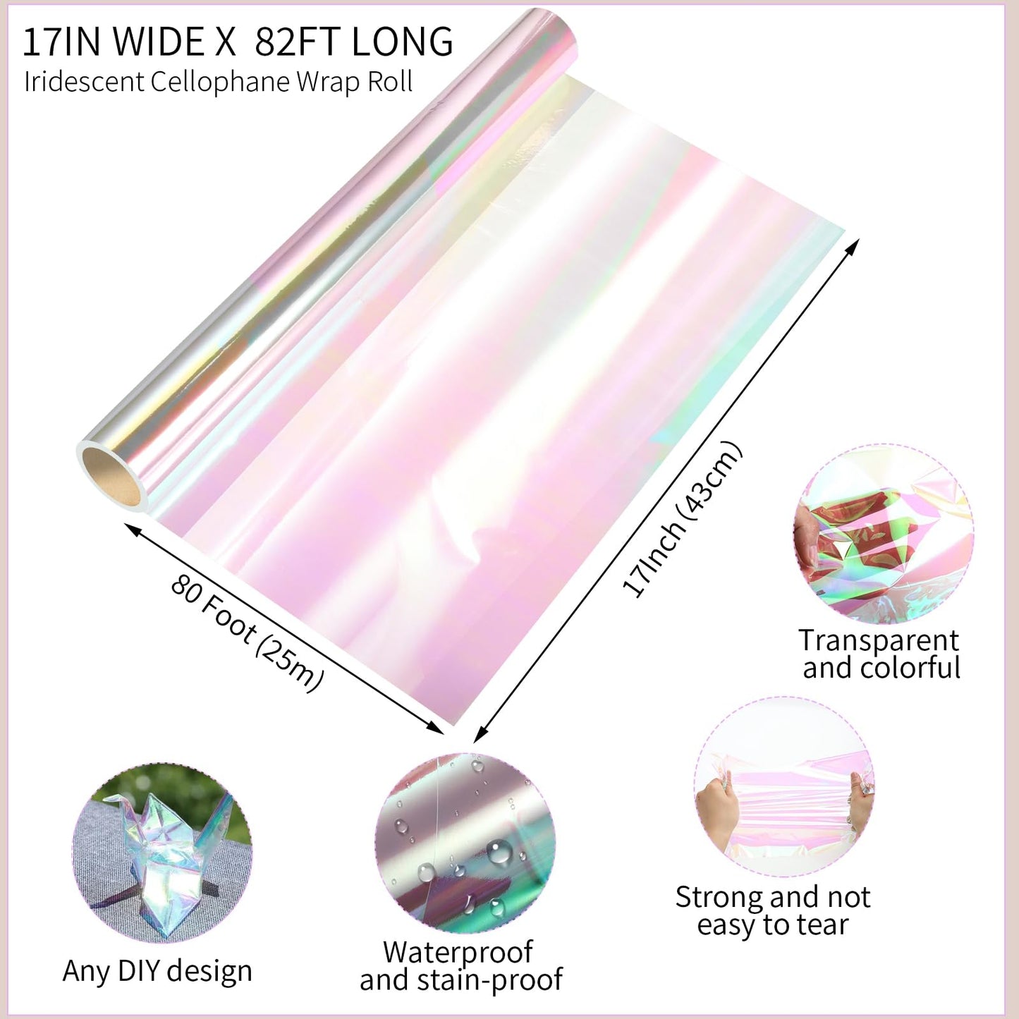 woric 82 Ft X 17 In Cellophane Wrap for Gift Baskets Iridescent Cellophane Wrap Roll Gift Basket Wrapping Plastic for Graduation Gifts Stuffers Treats Party Favor Birthday Wedding Crafts