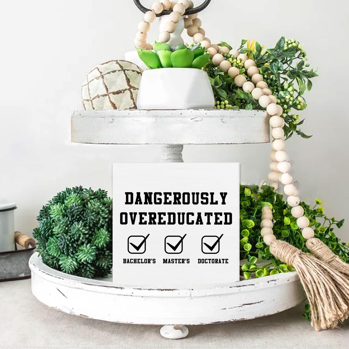 Funny Doctorate Graduation Decorations, Dangerously Overeducated Wooden Block Sign, PhD Graduation Gifts, Doctors Degree Decor for Desk Table Shelf, 5 X 5 Inches