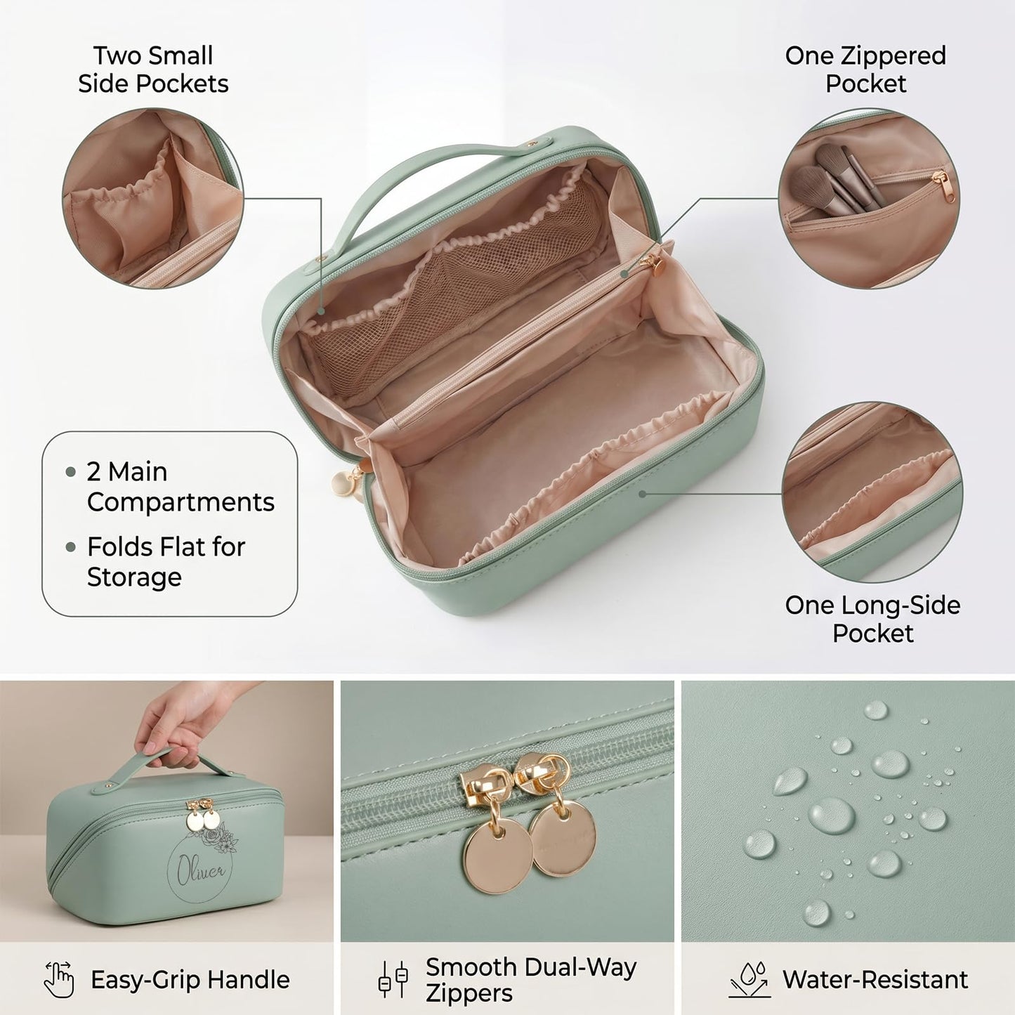 Personalized Makeup Bag for Women, Custom Travel Cosmetic Bag with Initial and Name, PU Leather, Water-Resistant, Open Flat Toiletry Bag for Bridesmaid Wedding Gift/Mothers Day Gifts (Green)