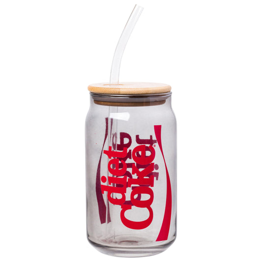 Silver Buffalo Coca-Cola Diet Coke Glass Tumbler with Bamboo Lid and Plastic Straw, 16 Ounces