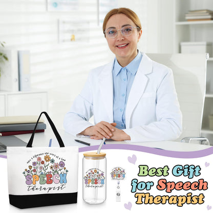 Kacctyen 3 Pcs Speech Therapist Gift for Women Speech Language Pathologist Appreciation Gifts Slp Therapy Tote Bag Badge Reel 17 oz Glass Cups with Lids and Straws for Birthday Retirement Holiday