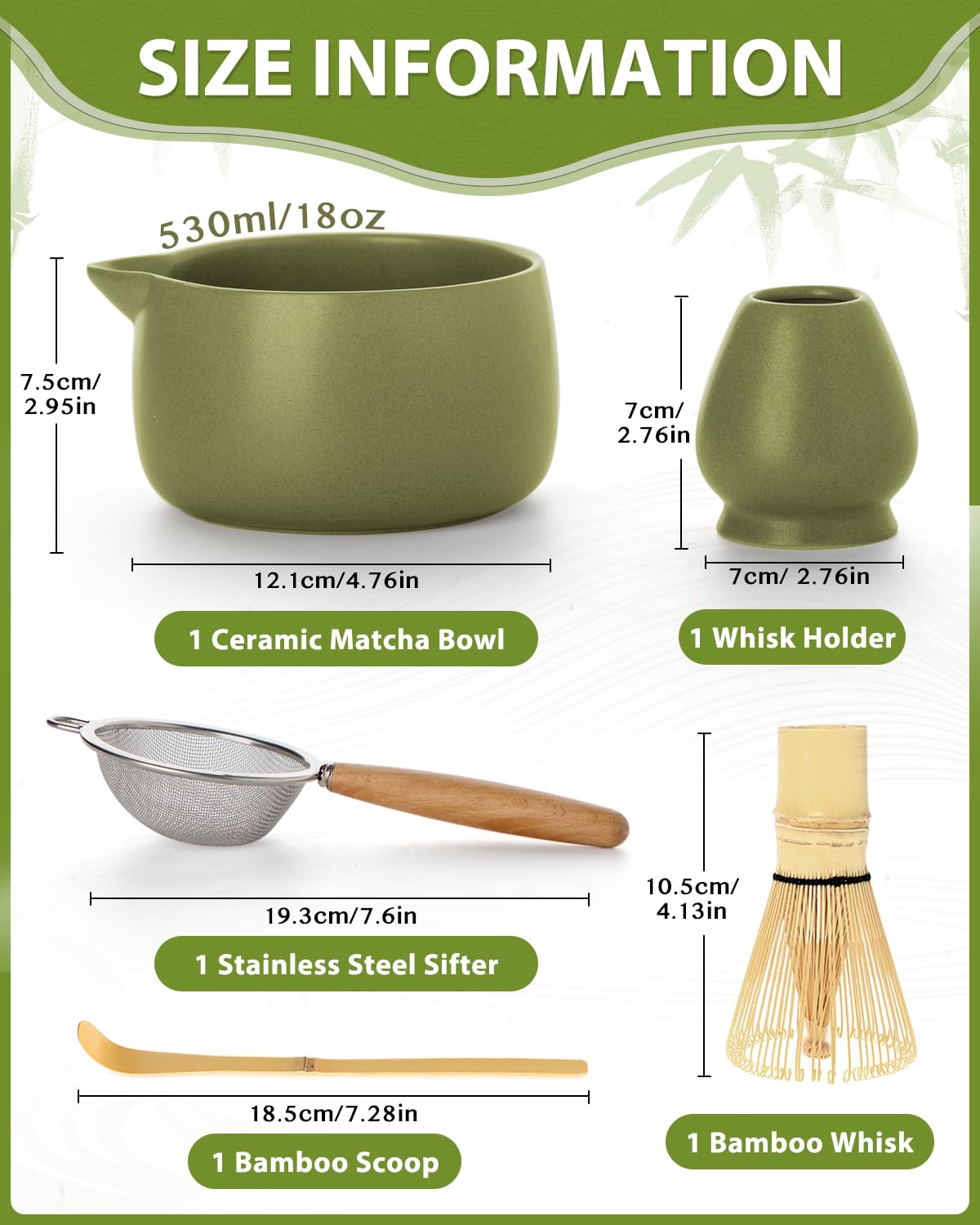 20OZ Matcha Whisk Set - 5PCS Japanese Tea Set Includes Matcha Bowl with Spout, Bamboo Whisk with Ceramic Holder, Bamboo Scoop and Sifter, Matcha Kit for Ceremony, Gift for Matcha Lovers (Matcha Green)