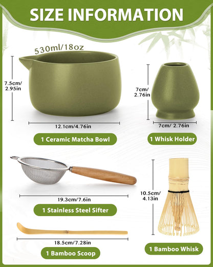 20OZ Matcha Whisk Set - 5PCS Japanese Tea Set Includes Matcha Bowl with Spout, Bamboo Whisk with Ceramic Holder, Bamboo Scoop and Sifter, Matcha Kit for Ceremony, Gift for Matcha Lovers (Matcha Green)