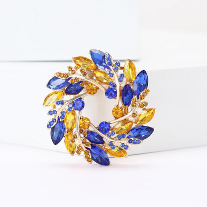 Fashionable Rhinestone Wreath Brooch for Women Ukrainian Blue and Yellow Wheat Ear Brooch Dress Suit Pin Accessories Party Banquet Gift