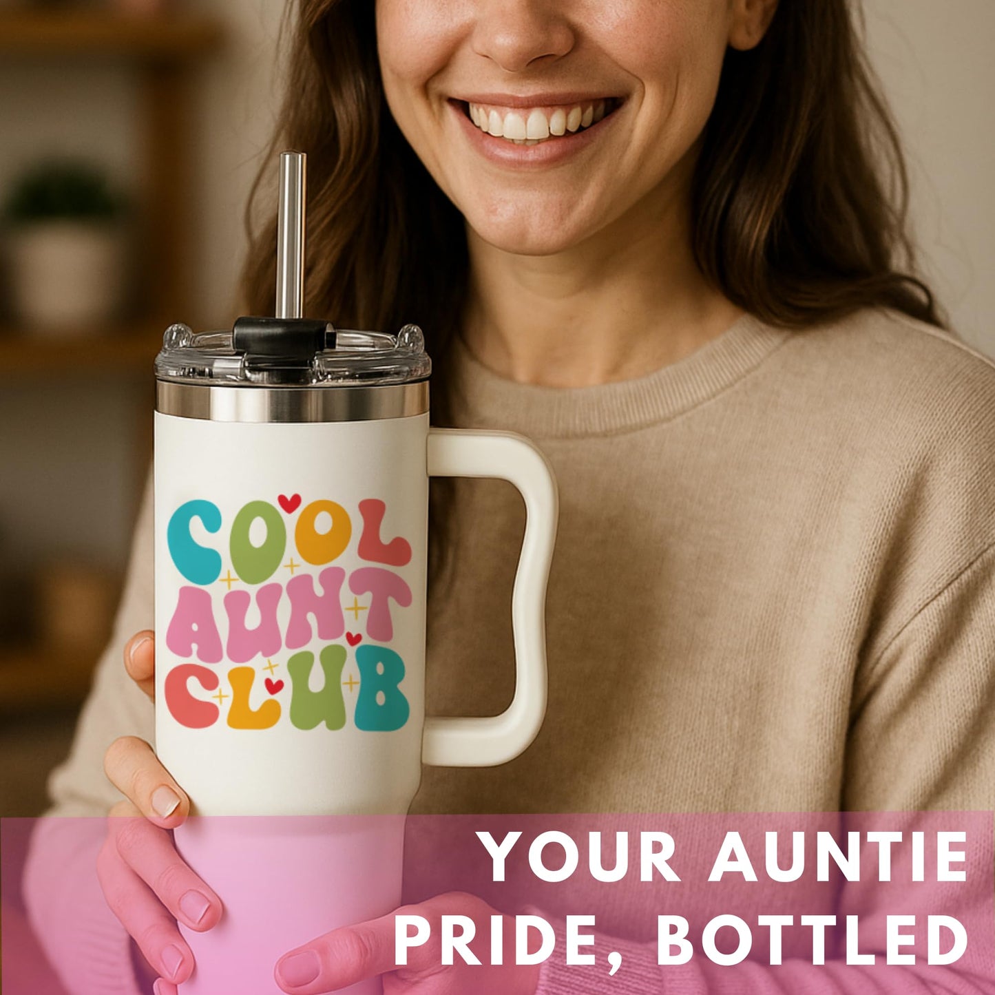 Mothers Day Gifts for Aunt - Cool Aunt Club Coffee Tumbler 40Oz, Best Auntie Gifts from Niece Nephew for Birthday, Presents for First Time & Best Auntie Ever, New Aunty Cup with Handle Straw