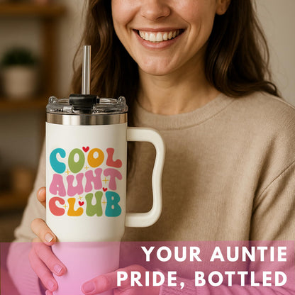 Mothers Day Gifts for Aunt - Cool Aunt Club Coffee Tumbler 40Oz, Best Auntie Gifts from Niece Nephew for Birthday, Presents for First Time & Best Auntie Ever, New Aunty Cup with Handle Straw