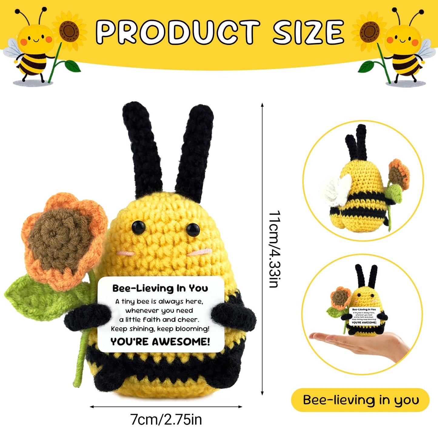 Emotional Support Bee, Positive Crochet Bee Doll with Card, Inspirational Small Handmade Knitted Animals Cute Stuff, Funny Gifts for Women Men Birthday Friends Coworkers, Christmas Office Decor