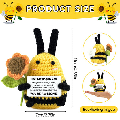 Emotional Support Bee, Positive Crochet Bee Doll with Card, Inspirational Small Handmade Knitted Animals Cute Stuff, Funny Gifts for Women Men Birthday Friends Coworkers, Christmas Office Decor