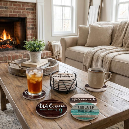 Funny Coasters - House Warming Gifts New Home - Housewarming Gifts for Women, Men, Couple, New Homeowner - Farmhouse Bar Coasters for Drinks with Holder - First Apartment Essentials