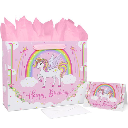 Oletx 13" Pink Unicorn Gift Wrap Paper Bag,Birthday Party Wrapping Bag With Tissue Paper Greeting Card for Women's Party,Mother's Day
