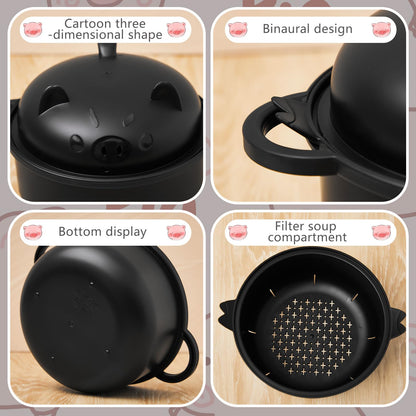 Large 45oz Cute Ramen Bowl Set Microwavable Pig Ramen Noodle Cooker Wheat Straw Bowl with Strainer Lid Handle Spoon Chopsticks Fork Gift for Home Dorm College(Black,1 Set)